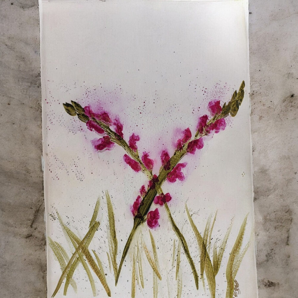 Elegant Floral Painting with Pink and Green Hues.  12 X 9in.